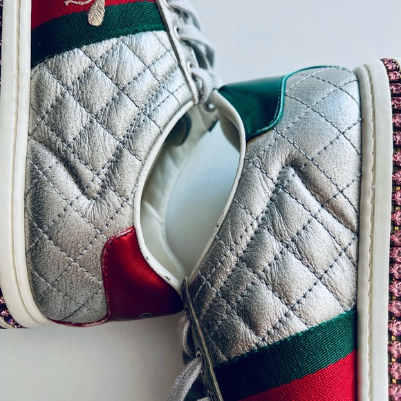 Gucci Silver Quilted Leather Bee Web Ace Crystal Embellished Platform Sneakers - Picture 16 of 16